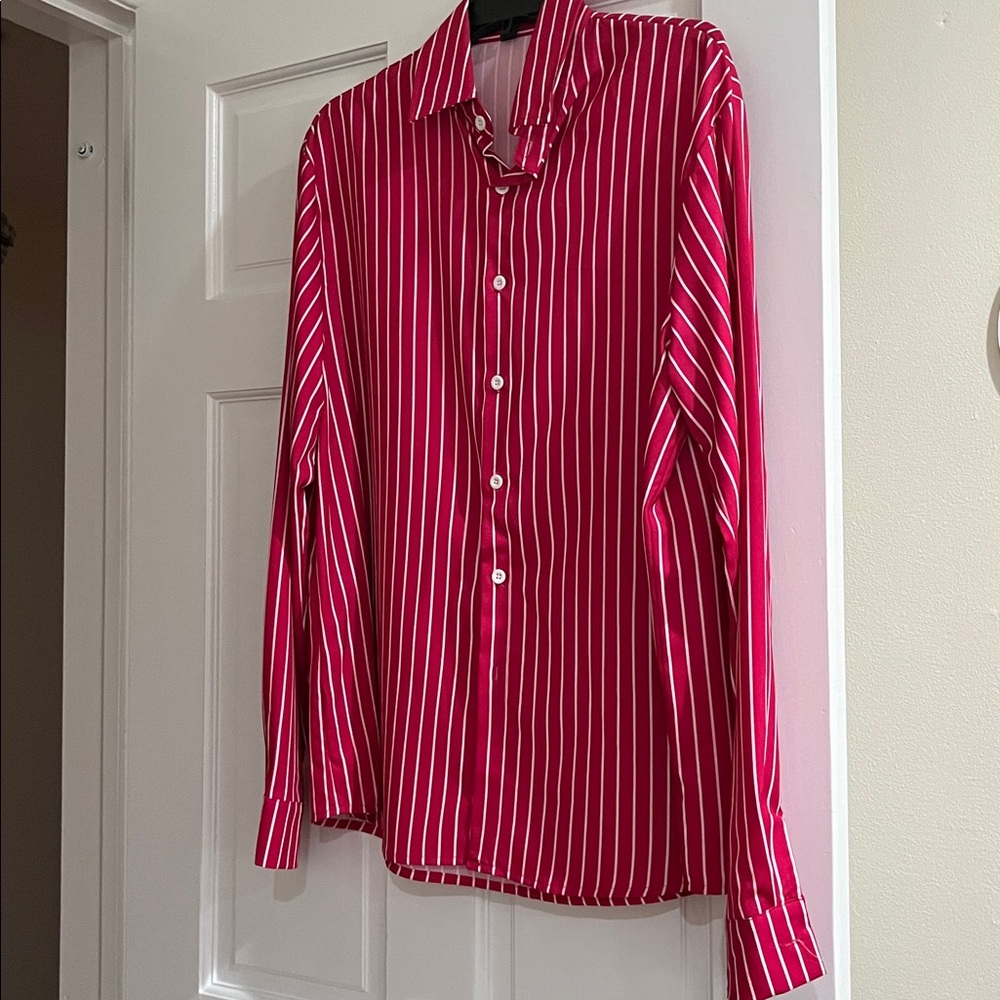 Red and White Striped Button-Up Shirt